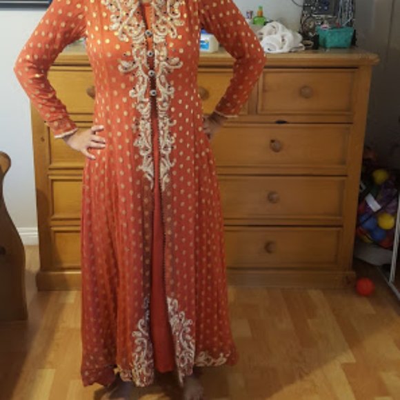 burnt orange floor length dress